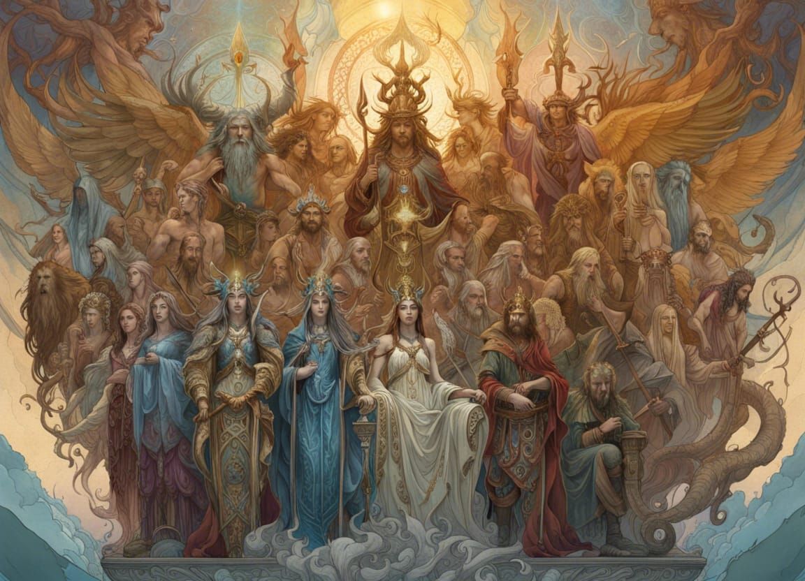 Assembly of Gods in Digital Art Style