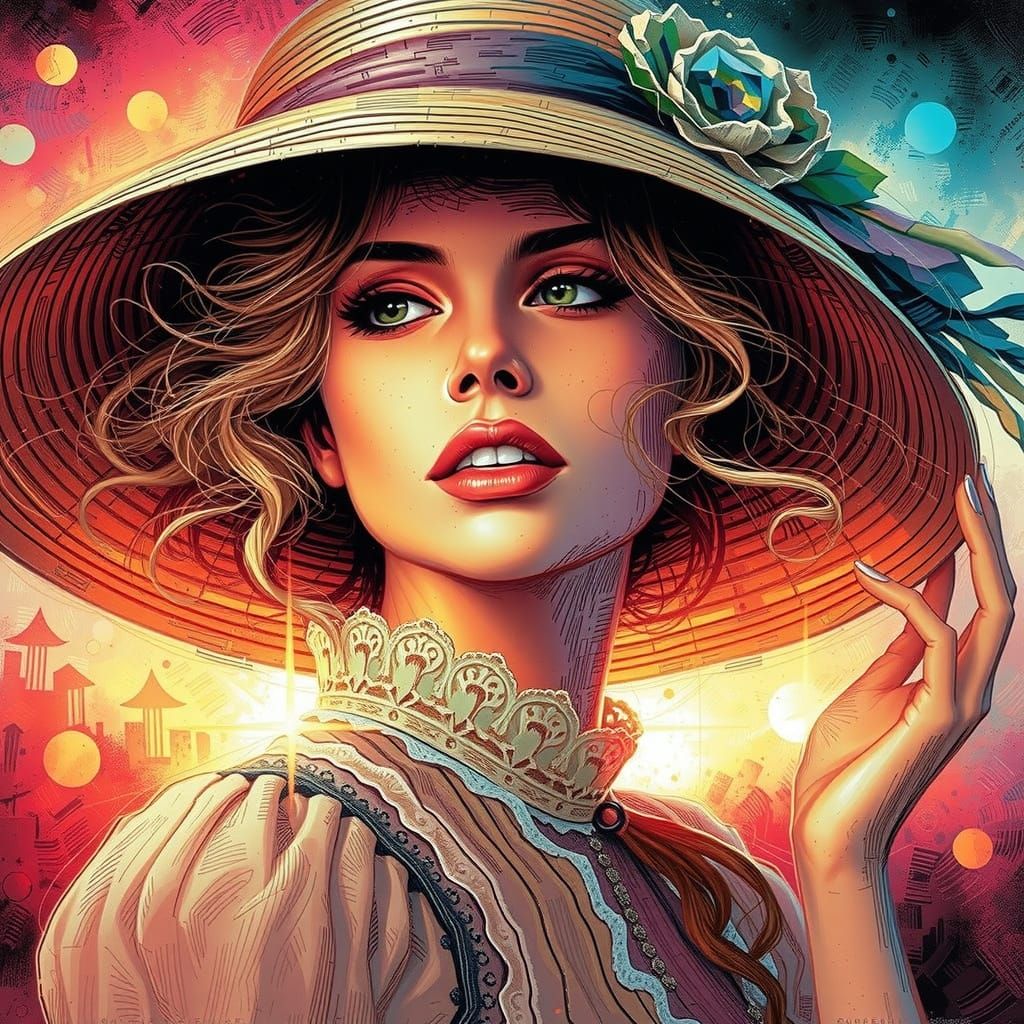 Mysterious Woman in Hat: Hyperrealistic Splash Art