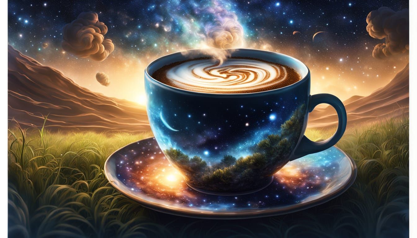 Cosmic Coffee Cup Under Starry Sky
