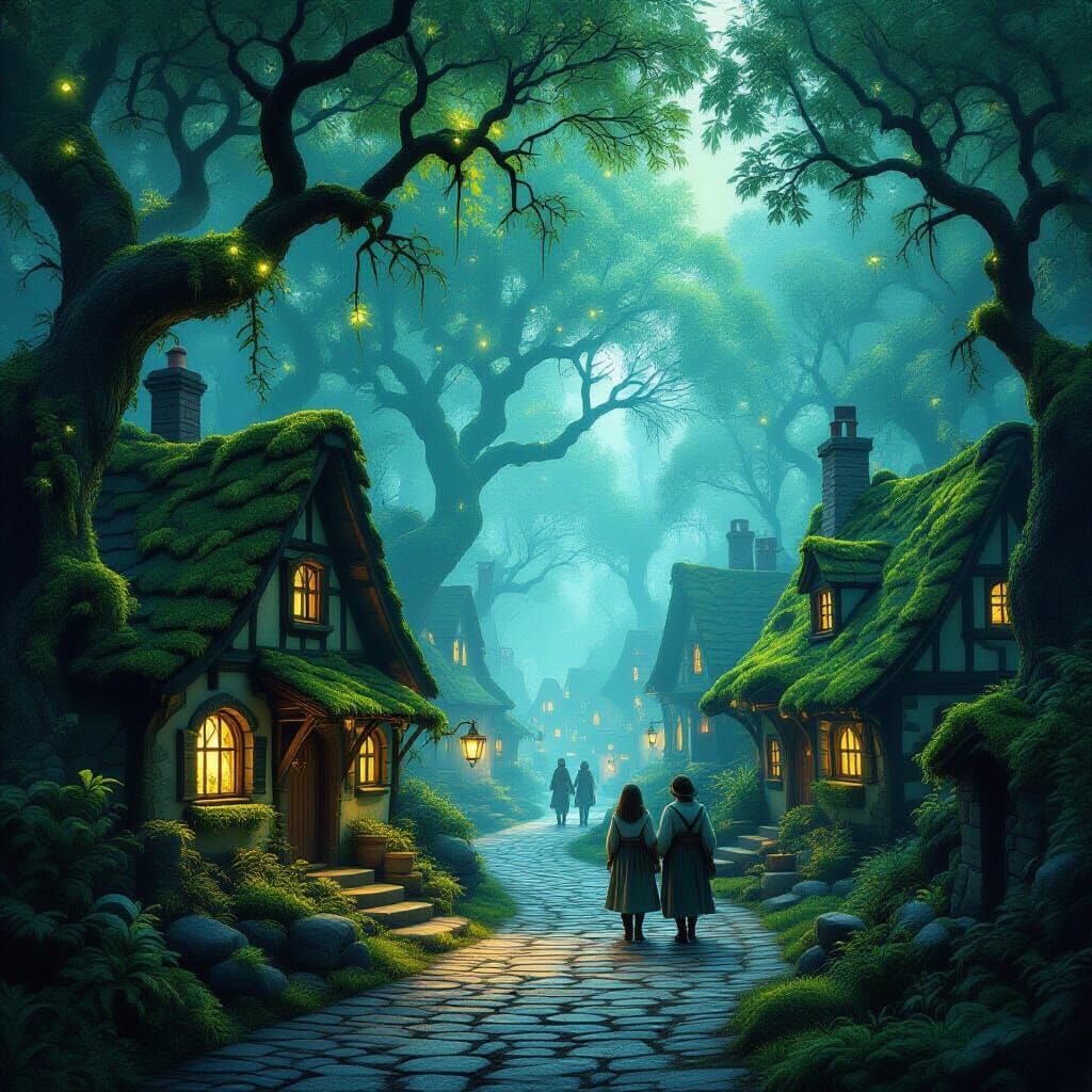 Enchanted Forest Village with Glowing Moss Cottages