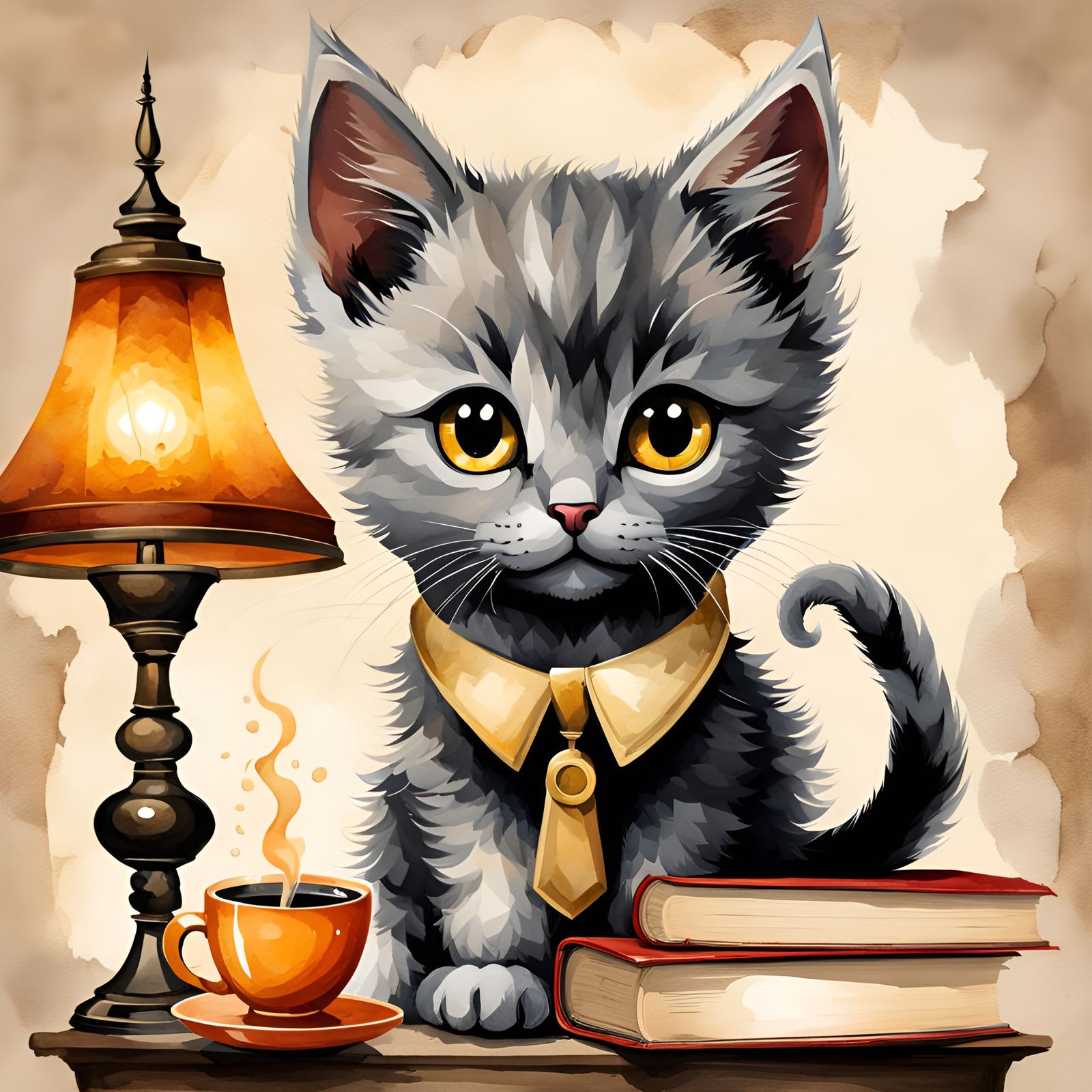 Watercolor Kitten Poster with Coffee and Books