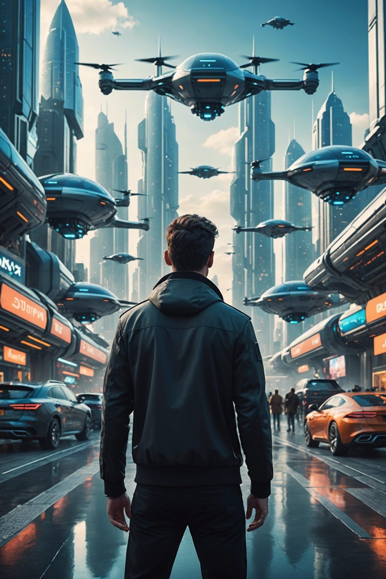 Man facing flying vehicles in a futuristic city