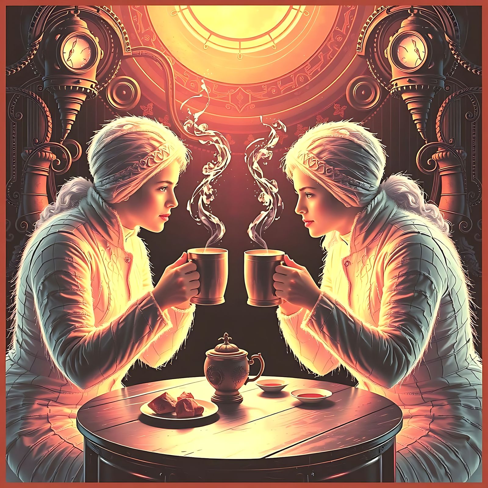 Steampunk Duo Sipping Warm Drinks in Ice