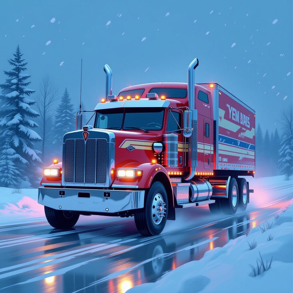 American 1960s Lorry on Snowy Road in Retro-Futuristic Style