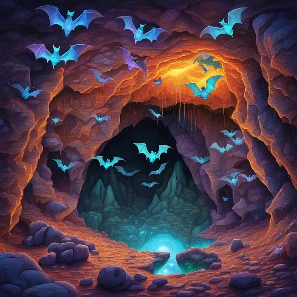 Bats Roosting in Cave: Holographic Astral Illustration