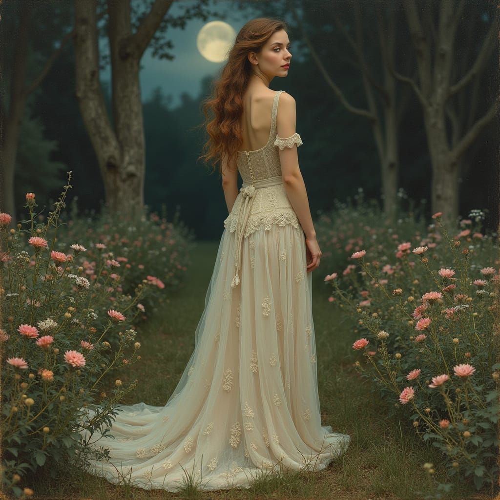 Ethereal Woman in Moonlit Garden