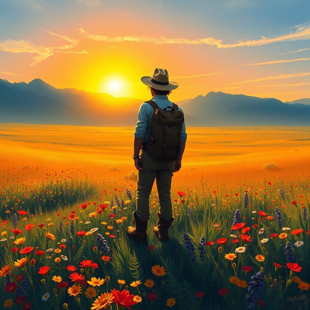 Traveler Gazes at Mountain Range in Impressionistic Style