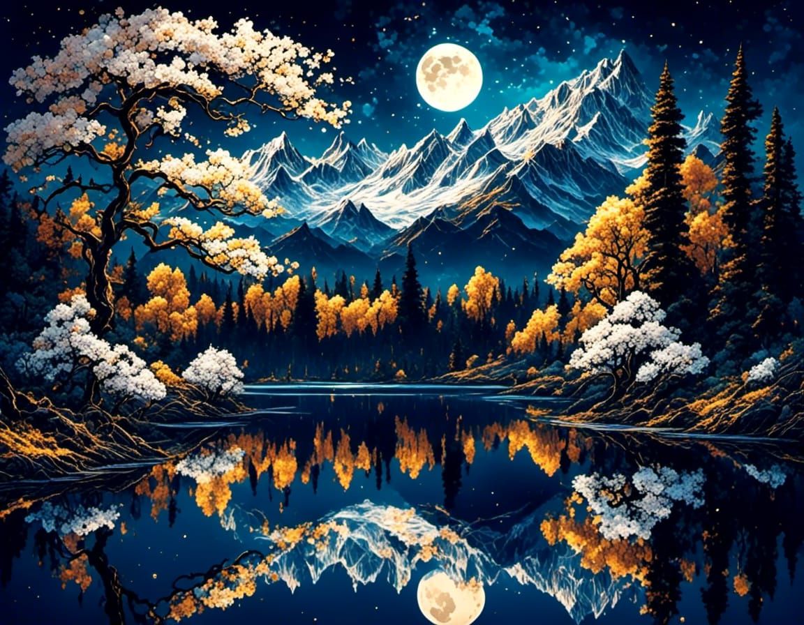 Moonlit Mountain Landscape Reflected in Lake