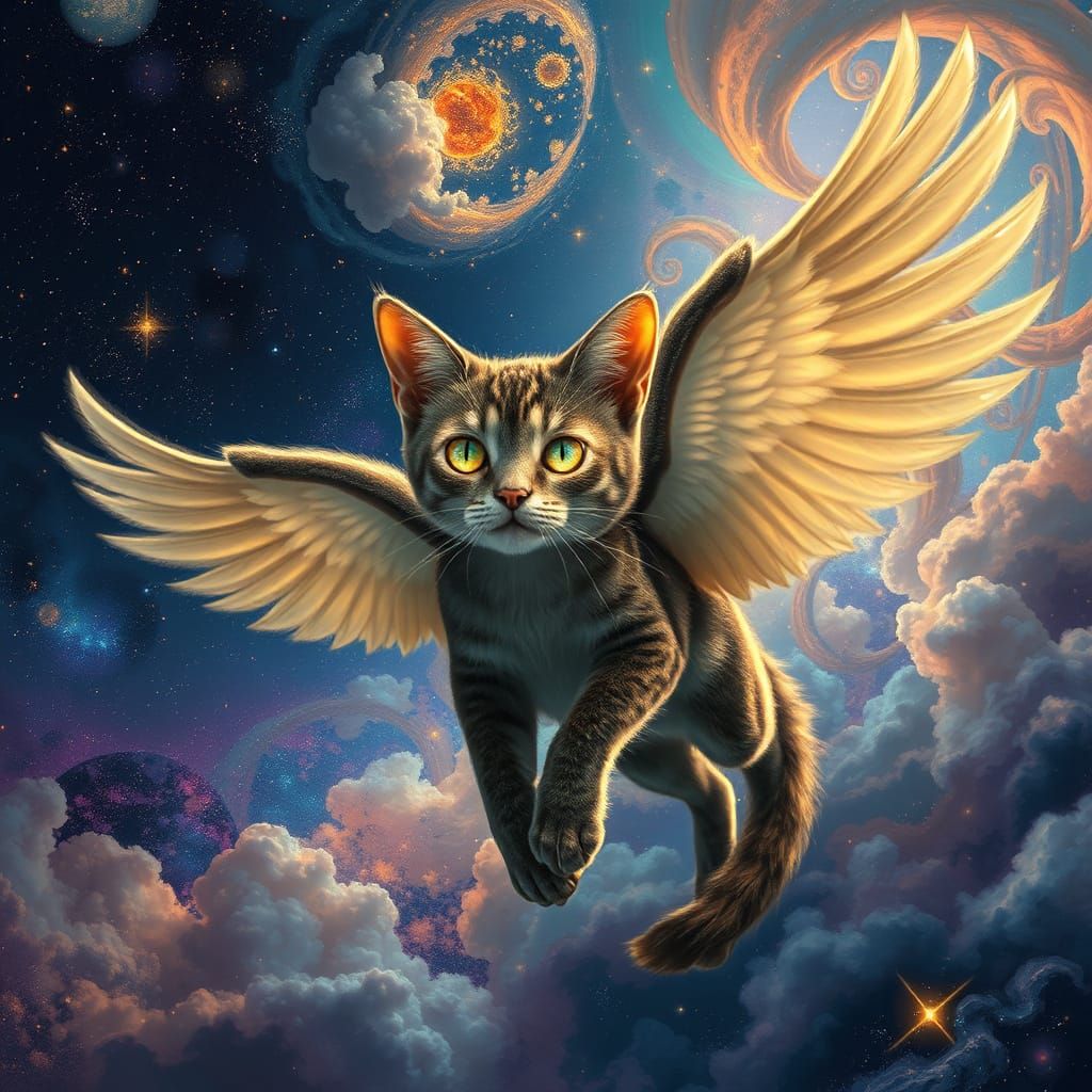 Ethereal Feline Angel soars through Starry Galaxy