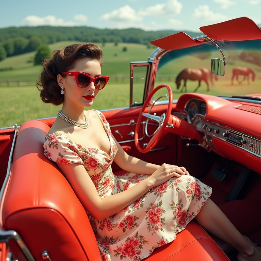 Elegant 1950s Socialite Cruises in Vintage Red Cadillac