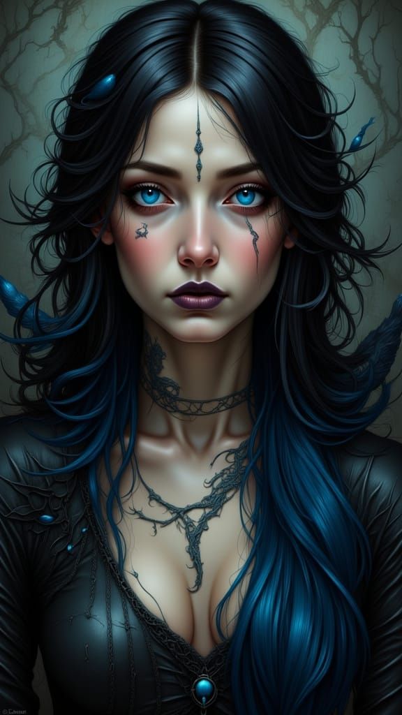 Dark Fantasy Woman with Blue Hair and Dragon Tattoo