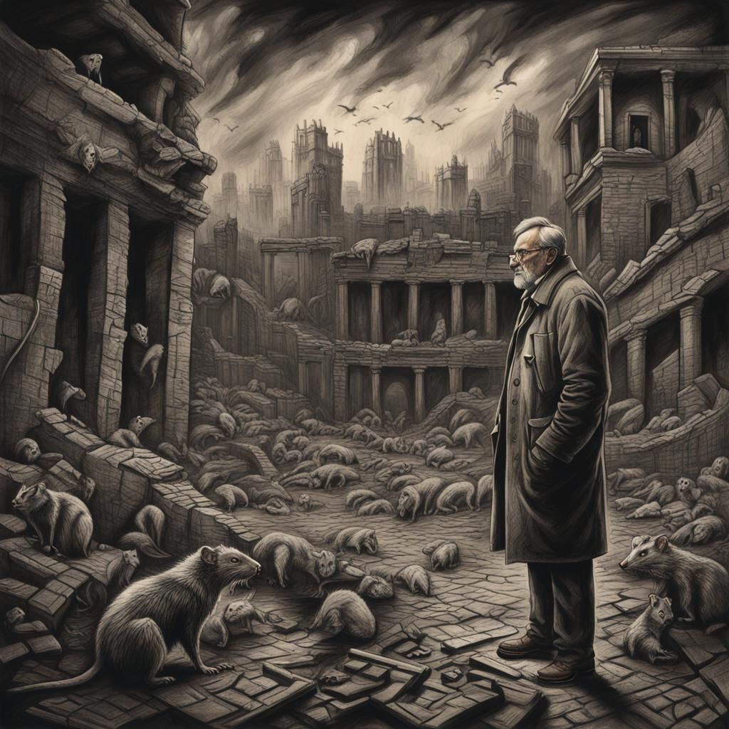 Plague Doctor in Ruins: Charcoal Drawing