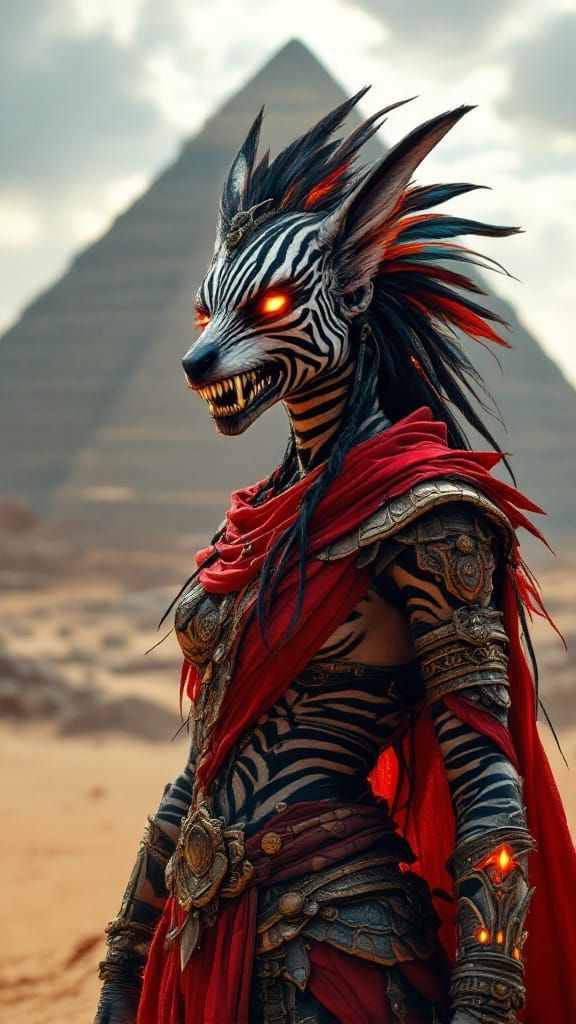 Female Zebra Aztec Warrior, hyper realism,  Glowing eyes