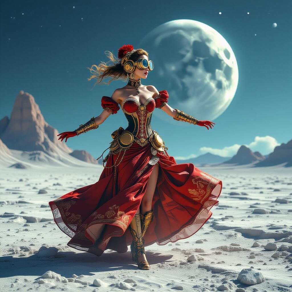 Steampunk Queen Dancing on Moon Landscape