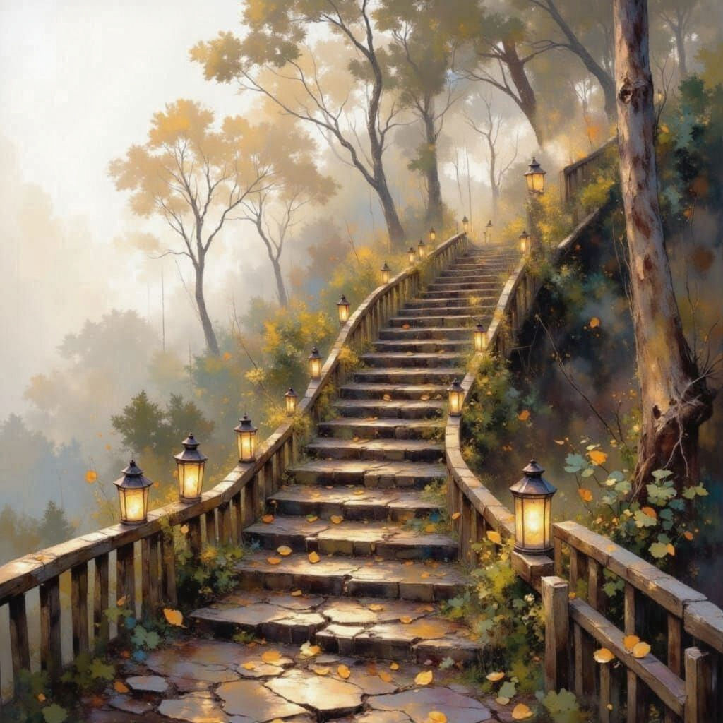 Wood Staircase with Lanterns in Forest