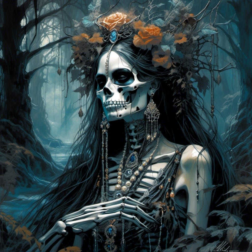 Skeleton Queen in Dark Fantasy Forest Illustration
