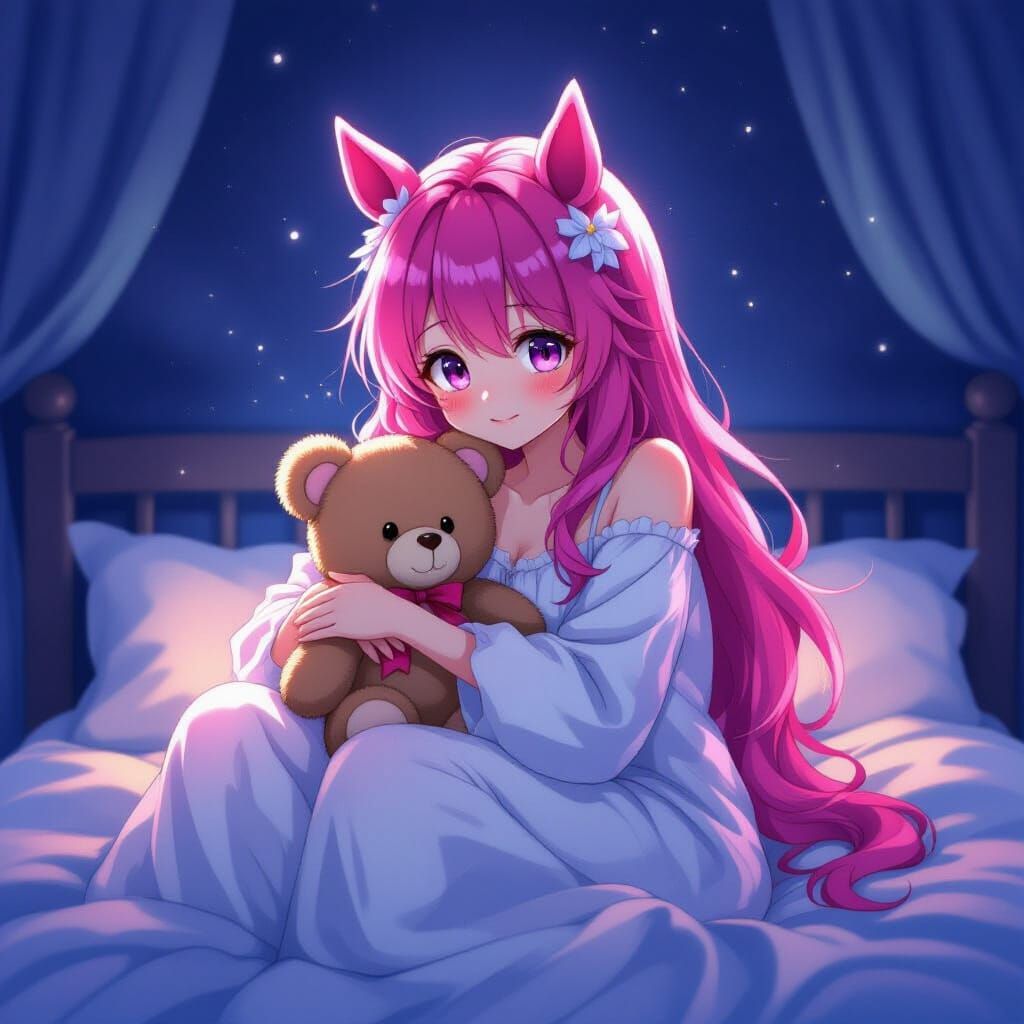 Anime Girl with Pink Hair and Horse Ears Hugs Teddy Bear