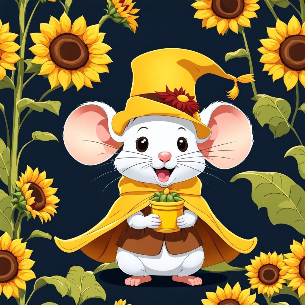 Cute Mouse with Sunflower in Animated Style