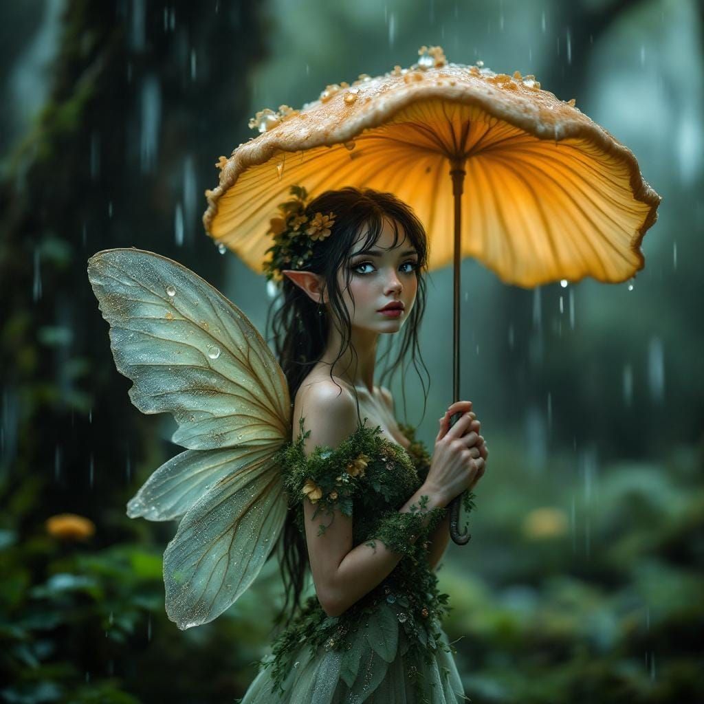 Fungus Fairy in Rain with Mushroom Umbrella