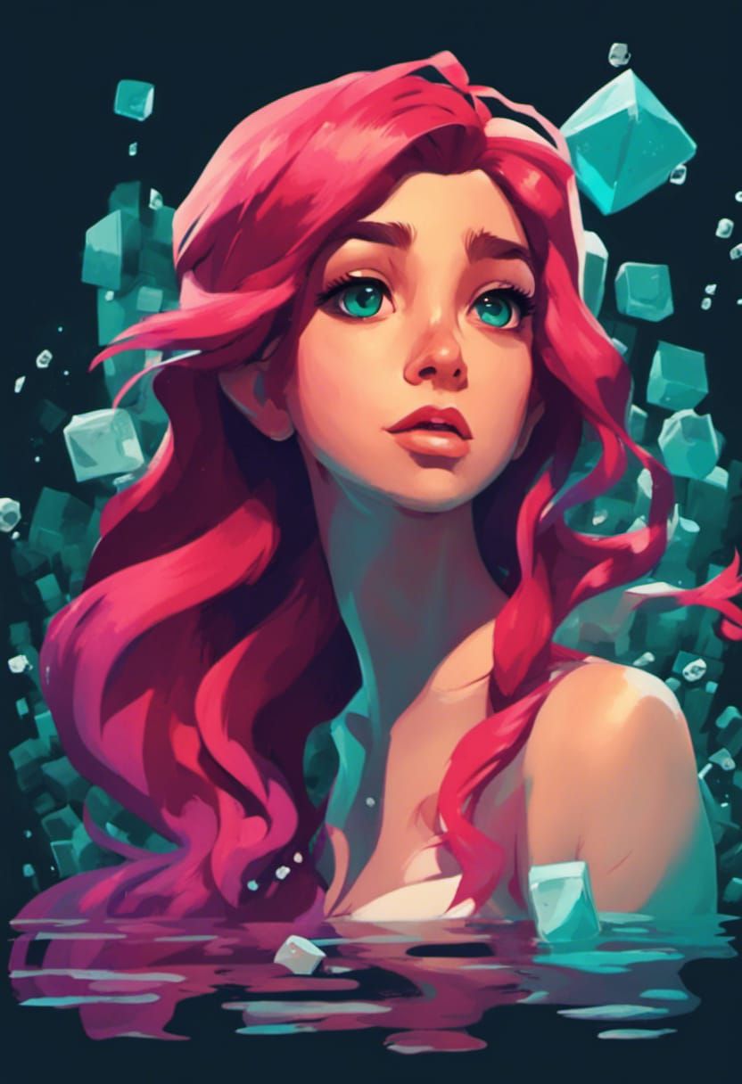 Luminescent Mermaid in Cubes, Cel-Shaded Vector Art
