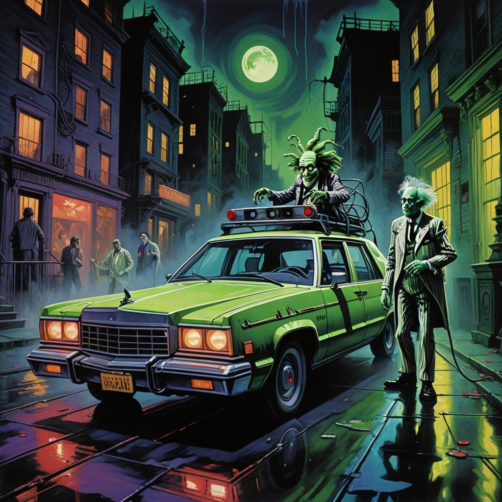 Beetlejuice Meets Ghostbusters in a Vibrant, Swirling Citysc...