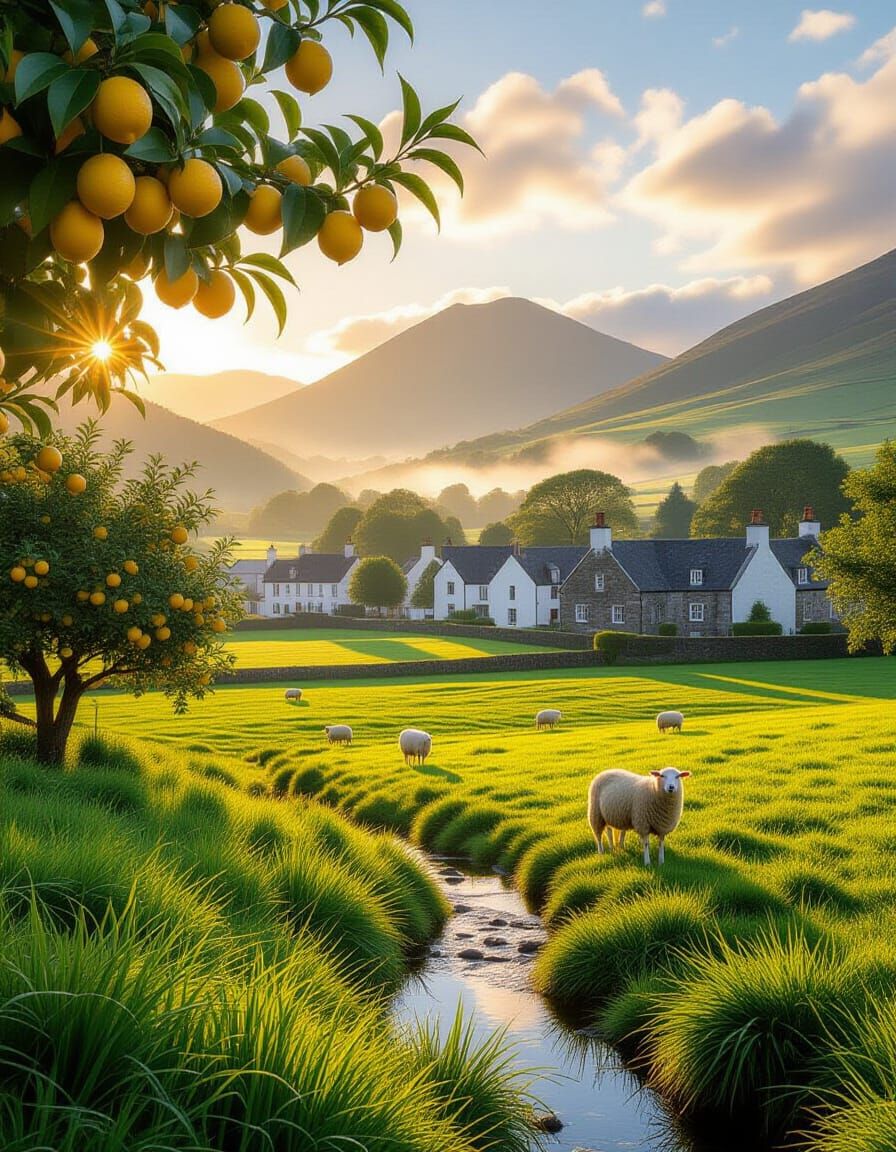 Serene Scottish Village Sunrise Over Misty Mountains