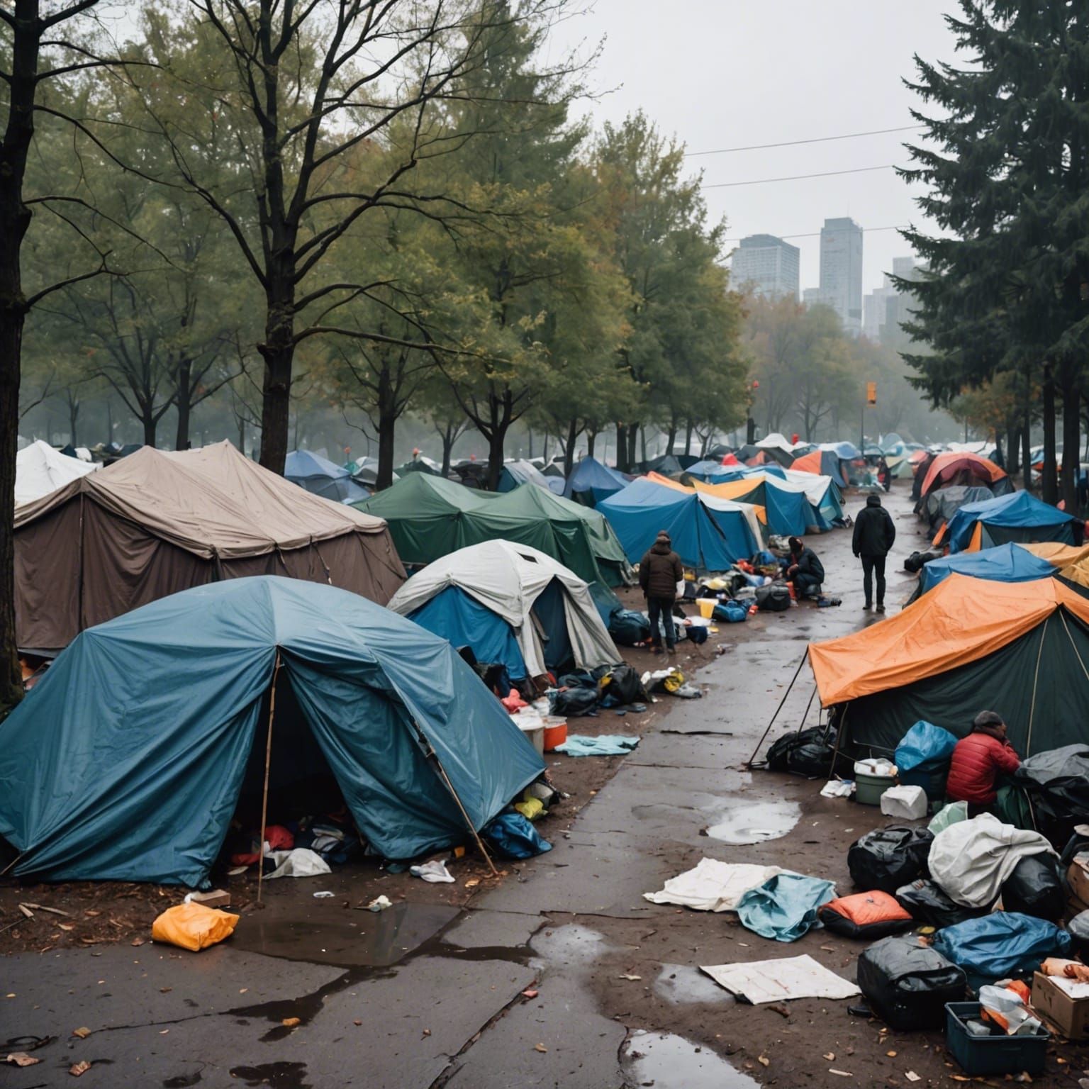 Dreary Homeless Camp with Tattered Tents Illustration