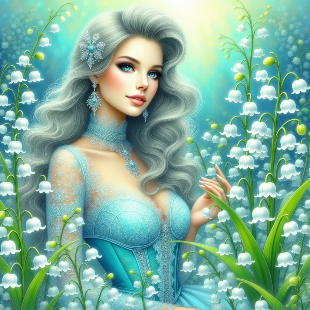 Woman in Blue Gown Amidst Lily of the Valley
