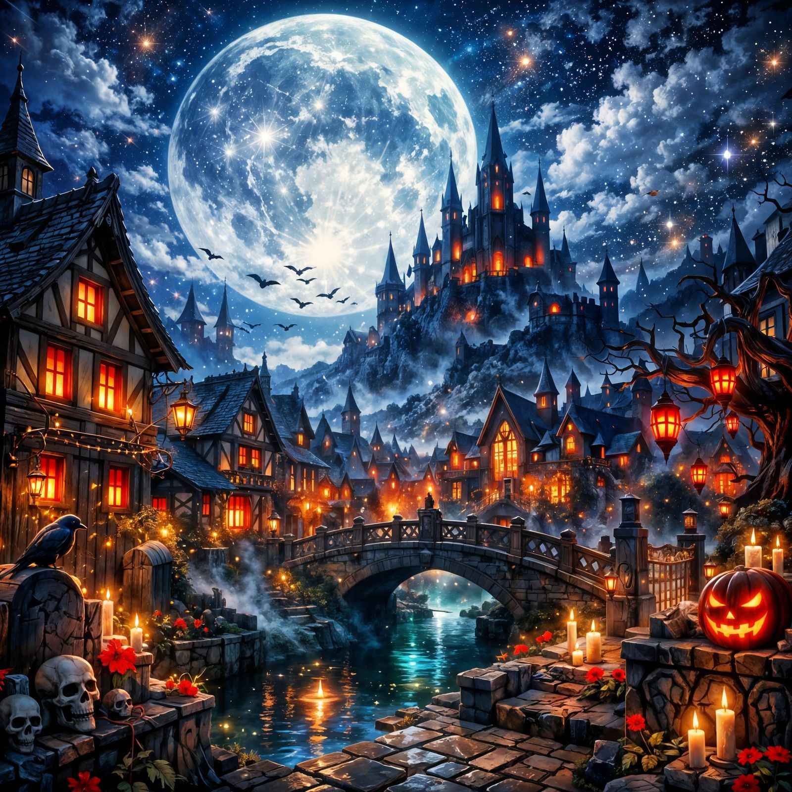 Magical Moonlit Medieval Village in Japanese Manga Style