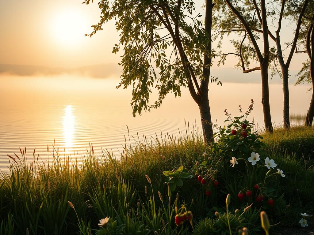 Surreal Sunrise Over Serene Lake in Vibrant Colors