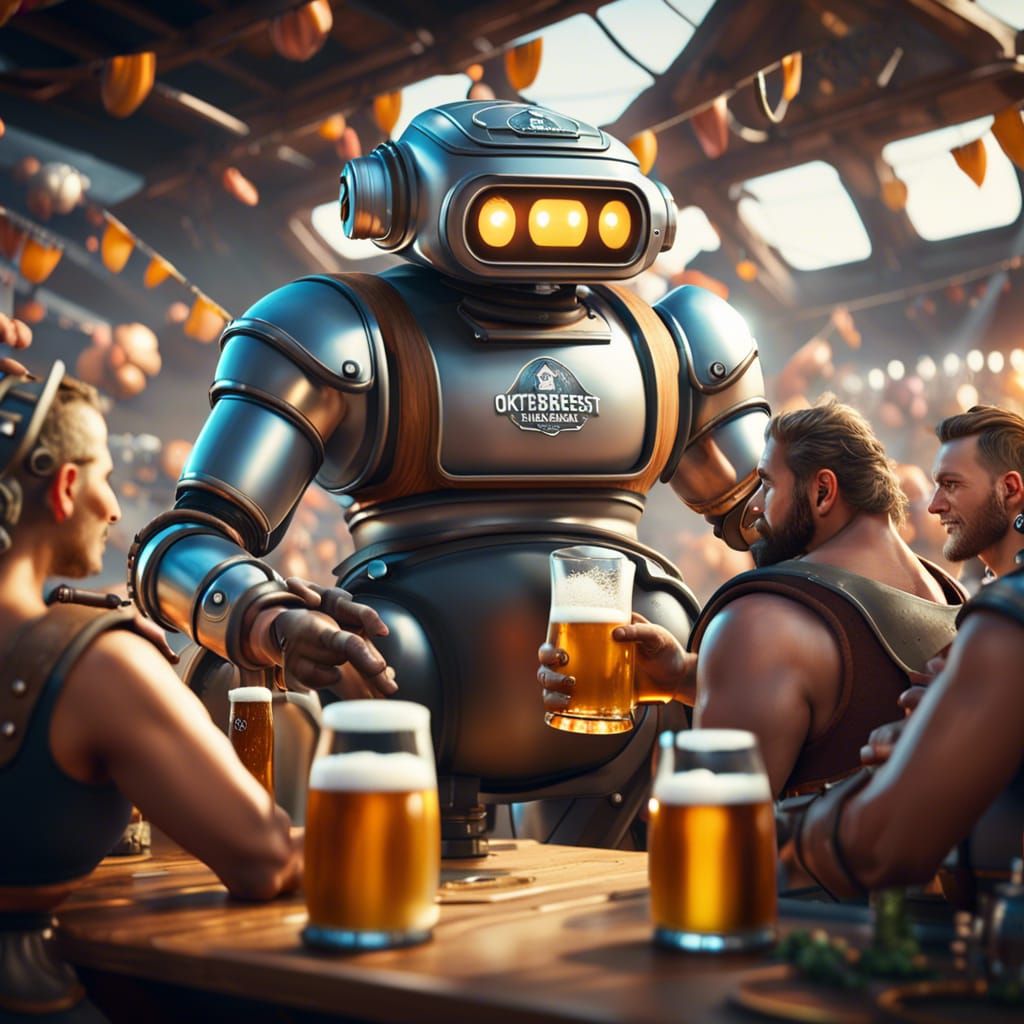 Futuristic Oktoberfest with Robots in Earthbag, 3D Render