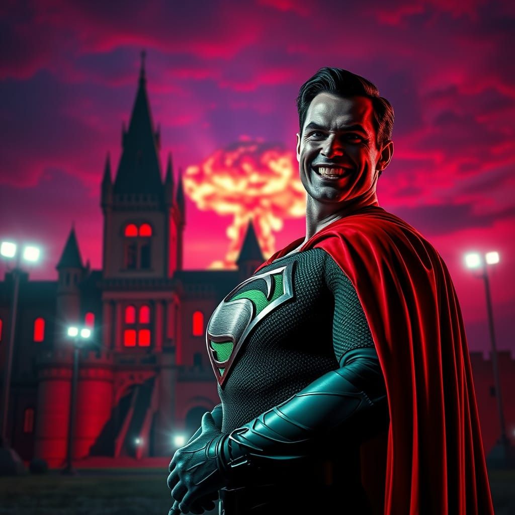 Sinister Superman Menaces a Castle in a Haunting HDR Scene