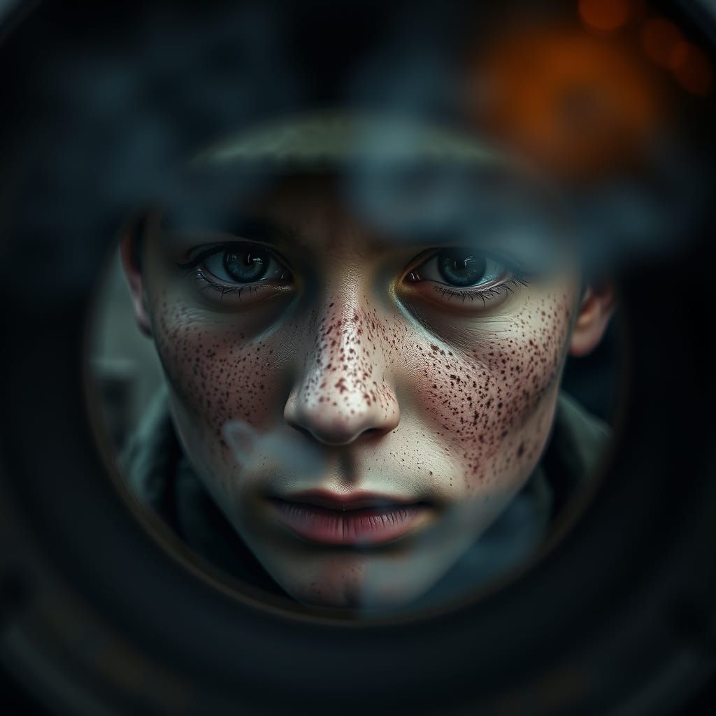 WWI Soldier's Weary Face in Trench Periscope