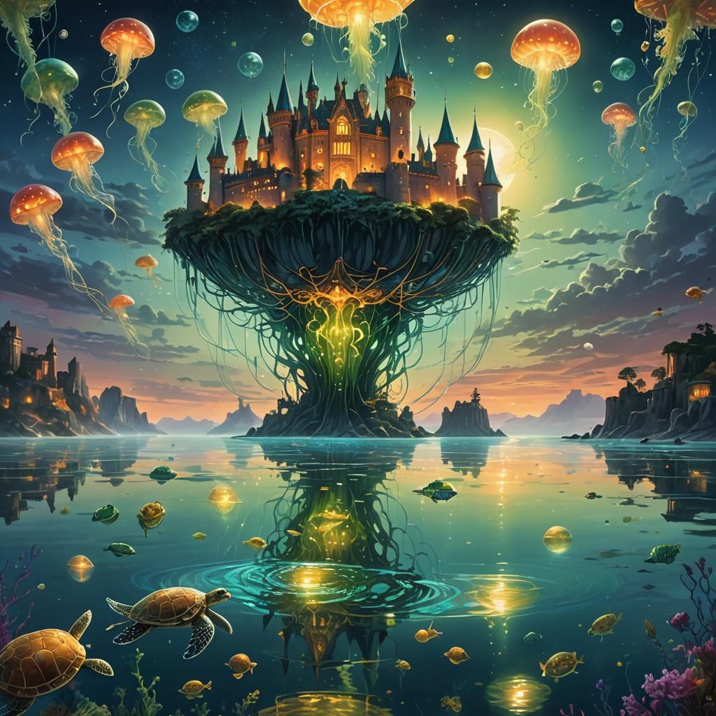 Majestic Hawk Soars Over Bioluminescent Celestial Shore