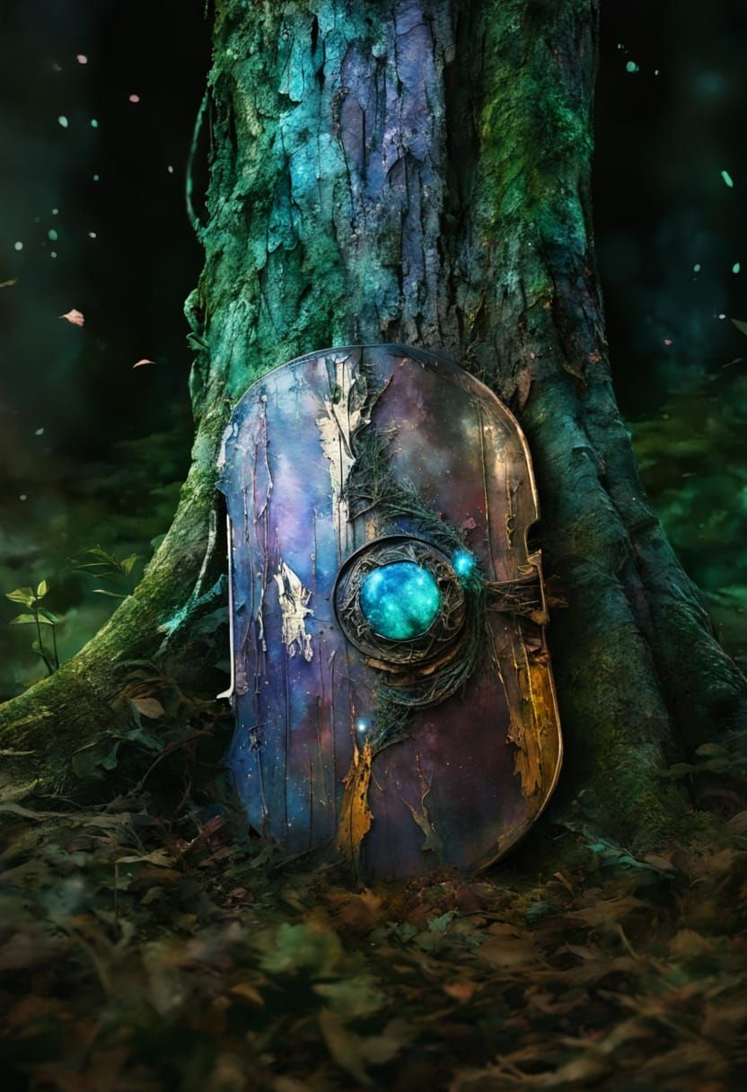 Abandoned Roman Shield in Haunted Forest at Twilight