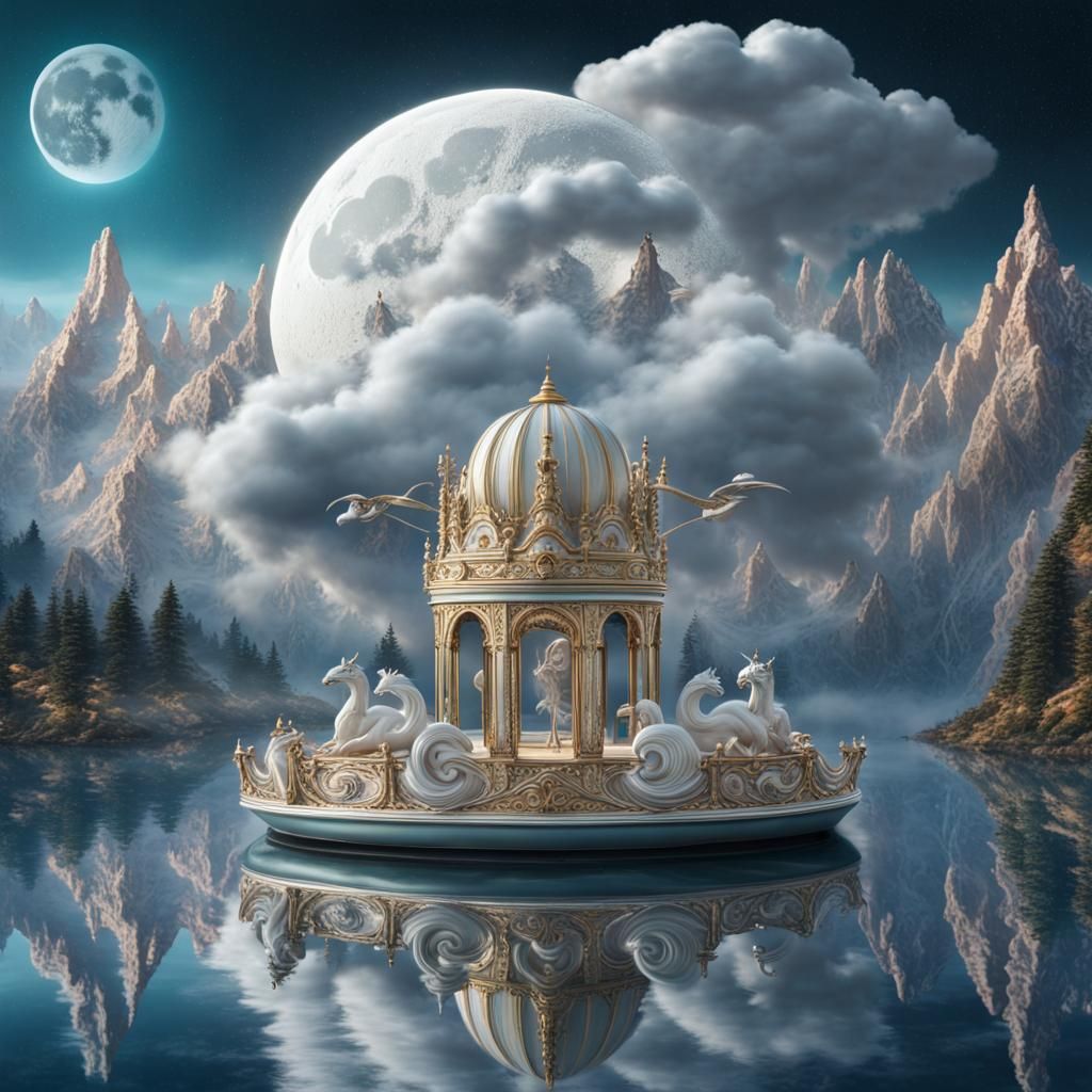 Mystical Carousel on Dreamy Lake Under Starry Sky