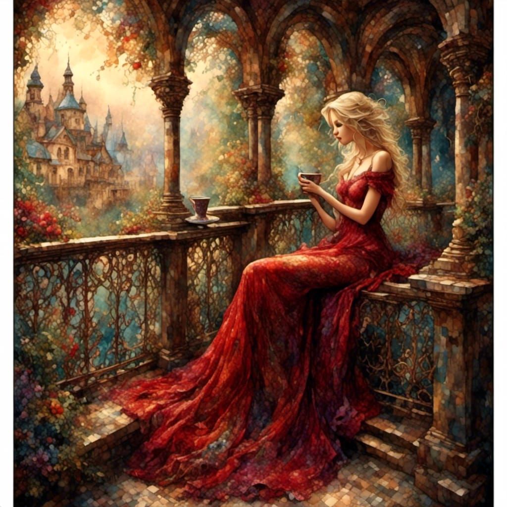 Exotic Woman Drinking Coffee: Tapestry Watercolor Style