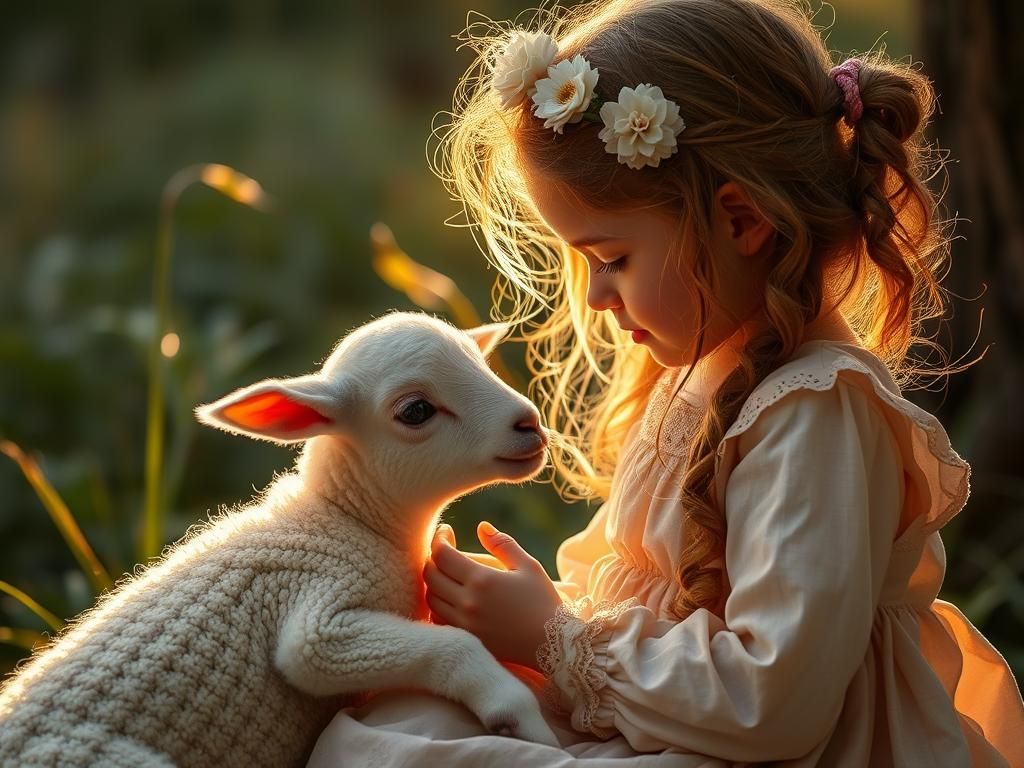 Girl and Lamb in Beautiful Morning Light