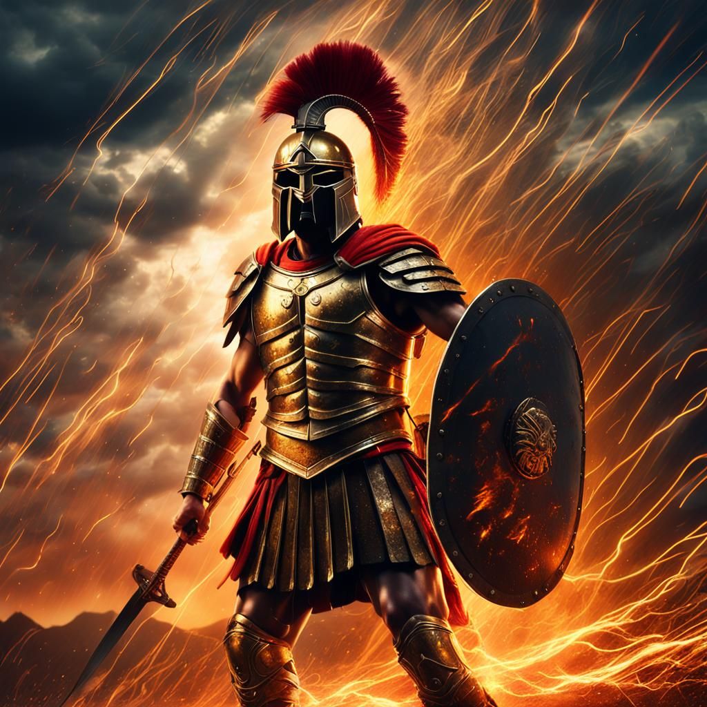 Spartan Warrior in Electric Storm: Cinematic Digital Art