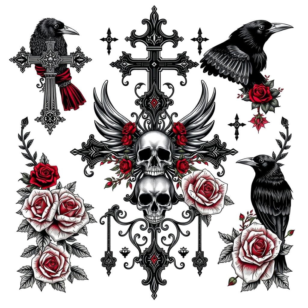 Gothic Tattoo Flash Sheet in Detailed Line Art