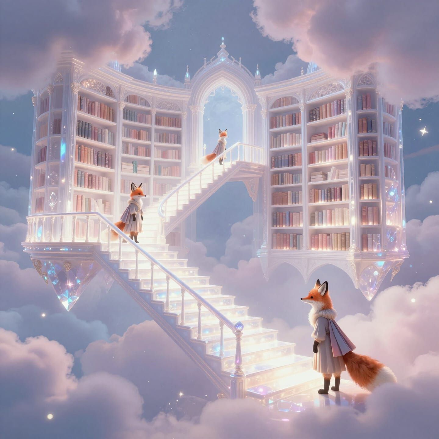 Floating Crystal Library with Foxes in Scholar Robes