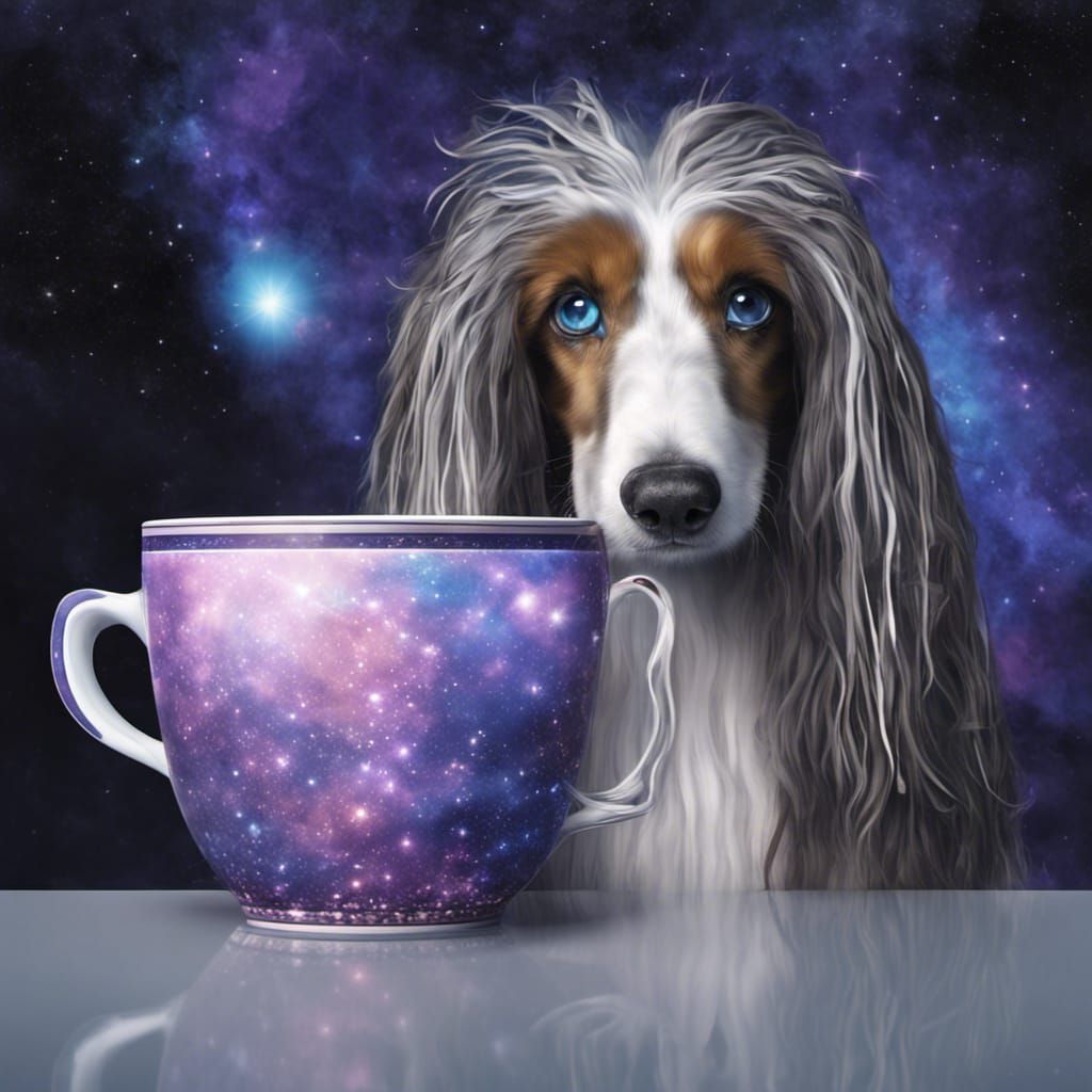 Sad, long hair Afghan dog, waiting for tea.