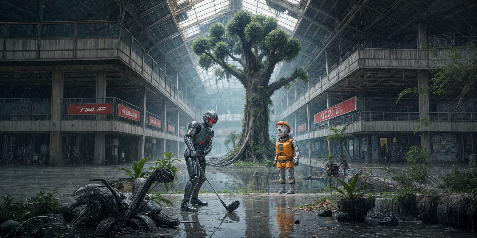Robocop and Fred Flinstone Play Golf in Mall