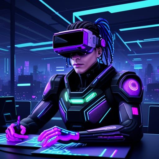 Cyberpunk Entrepreneur in Virtual Office
