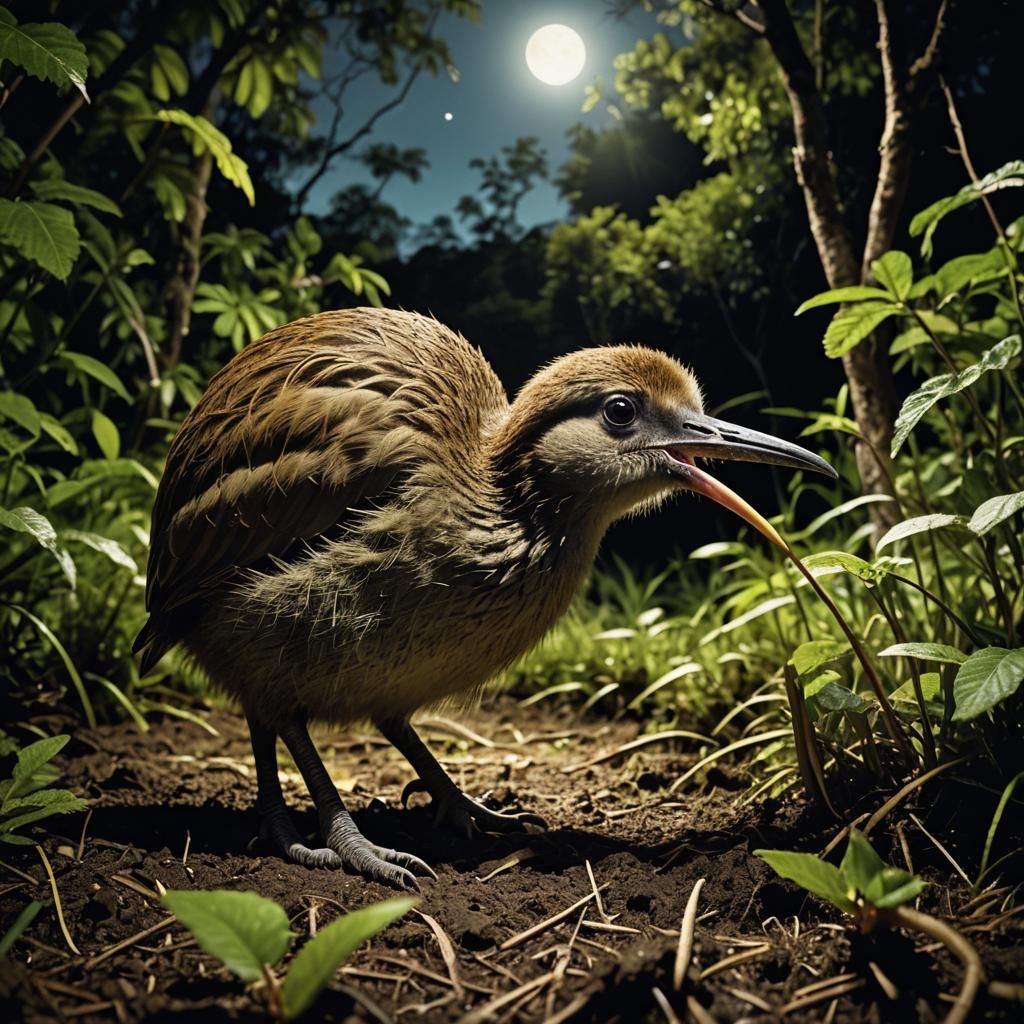 Kiwi Bird Foraging Under Moonlight: Cinematic Film Still