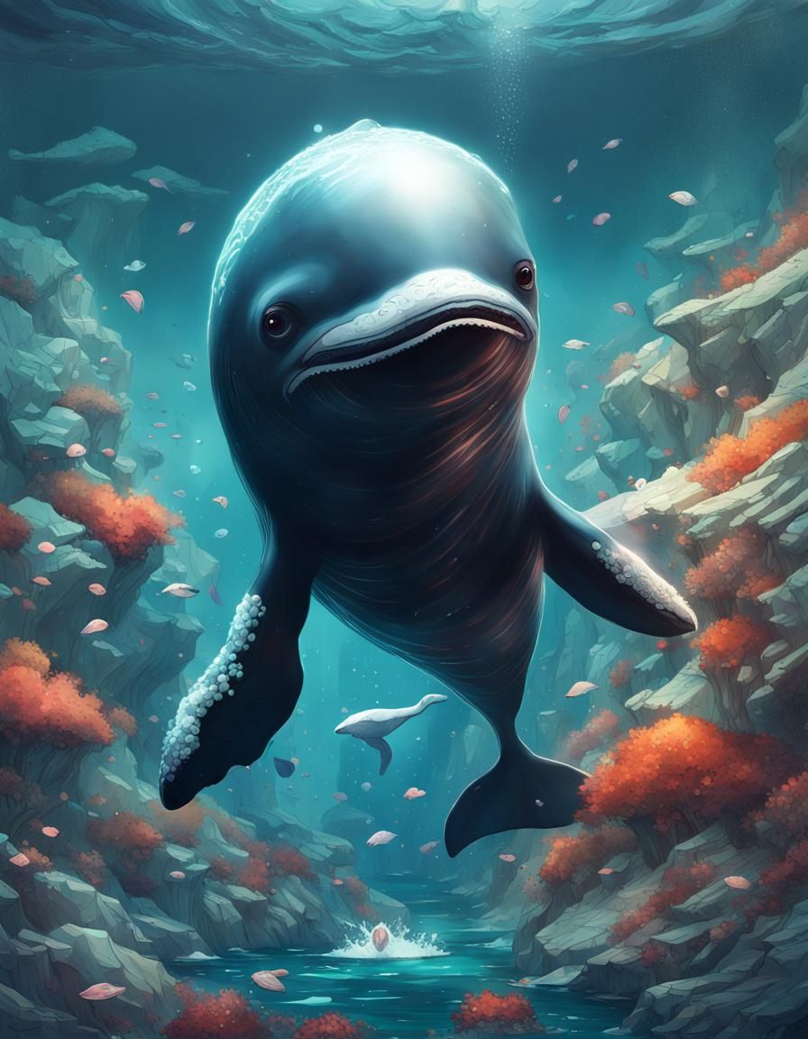 Opulent Baby Whale Friendship: Detailed Digital Art