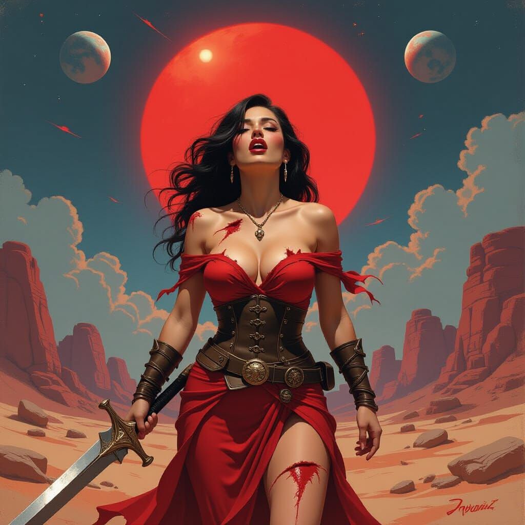 Wounded Warrior Woman Screams at Dual Suns