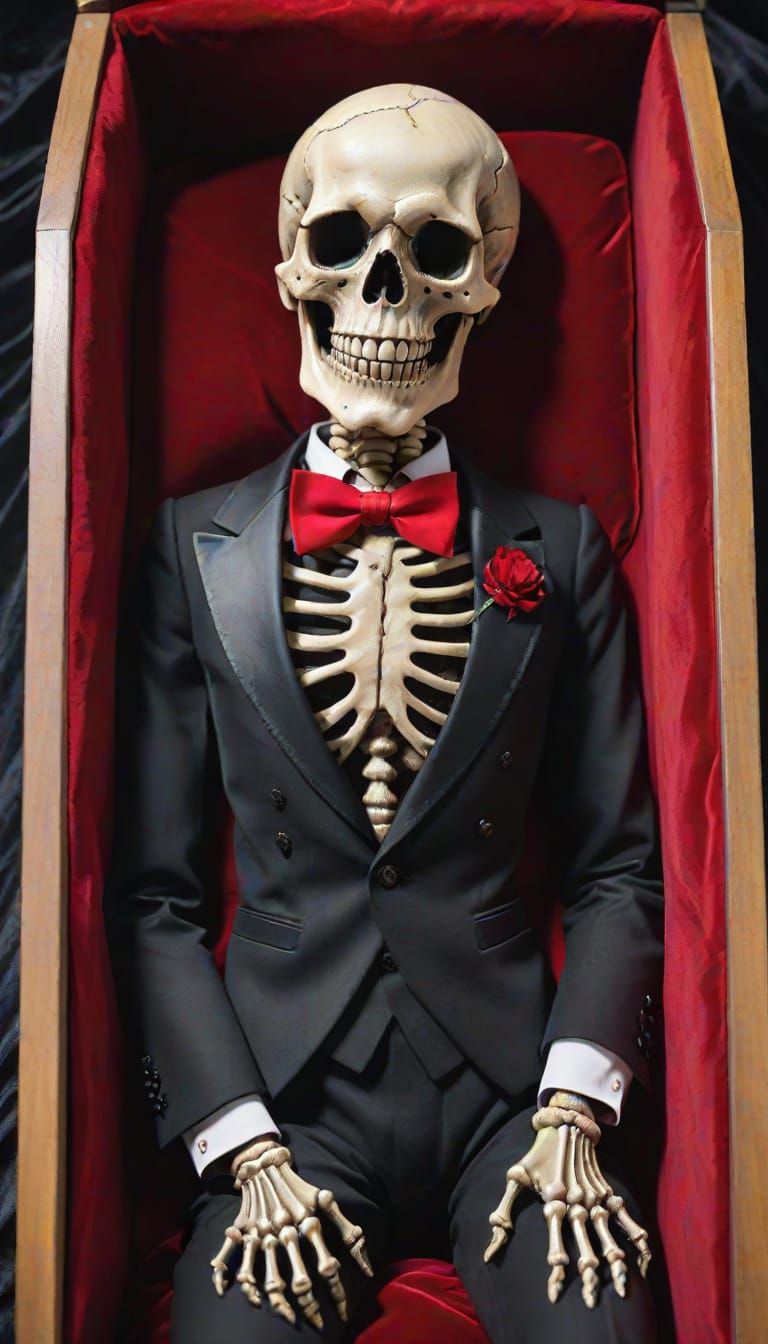 Grinning Skeleton in Coffin with Red Velvet