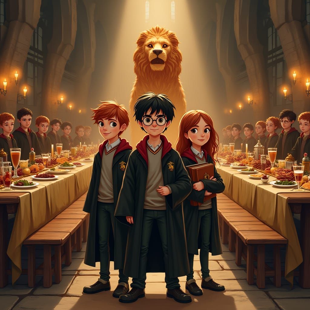 Hogwarts Castle in Golden Light with Harry, Hermione, and Ro...