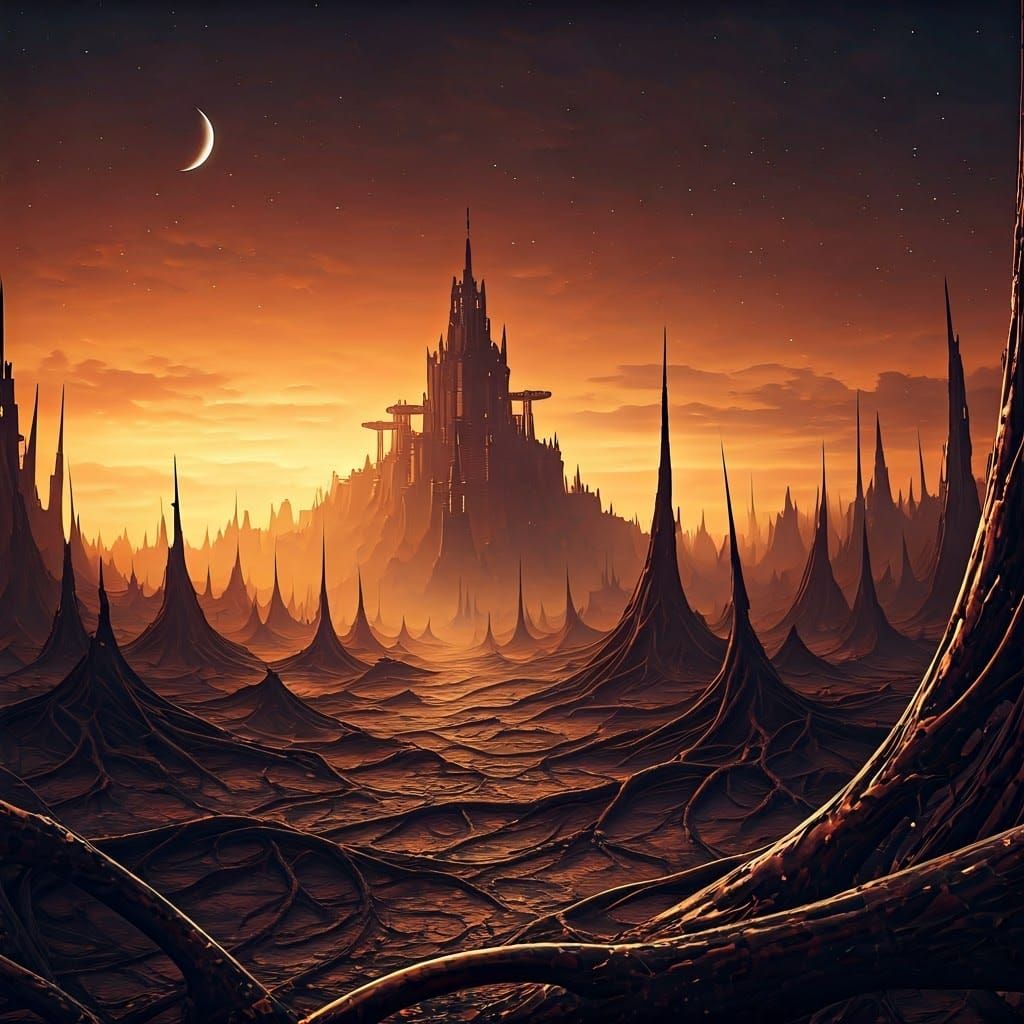 Cyberpunk Landscape with Rebel Fortress and Ancient Trees